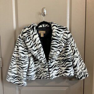 Peck & Peck Weekend Faux Fur Crop Coat Women XL Black Zebra Print 3/4 Sleeve